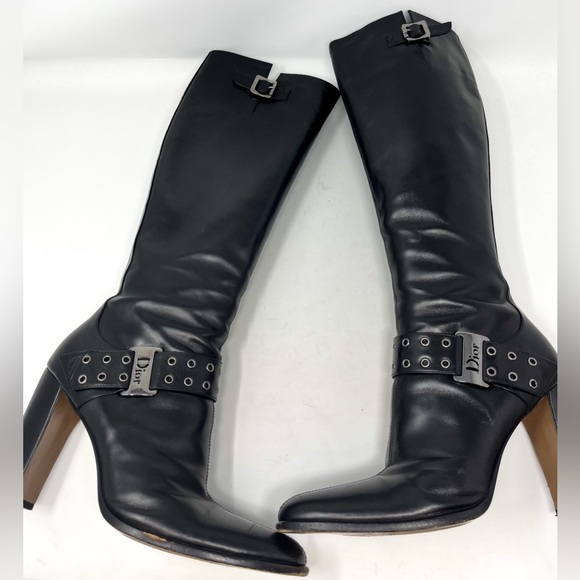 Dior Vintage Grommet Buckle Logo Black Leather Boot Galliano Rare size 39 EU - Picture 1 of 16